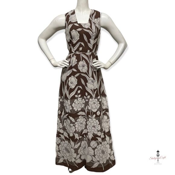 Vintage 1970s Floral Print Brown White Maxi Dress & Matching Shawl Scarf S 4 6 - Picture 3 of 15